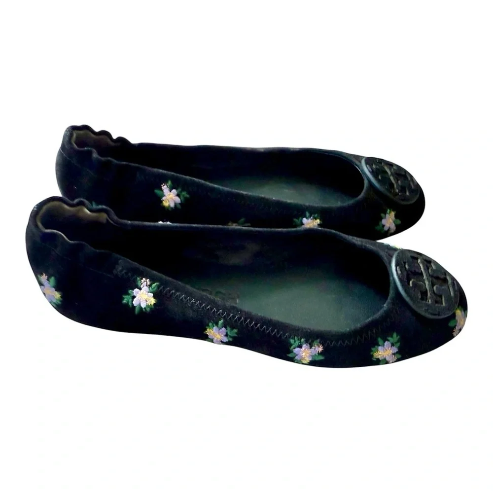 TORY BURCH Minnie Travel Flat Women 8 Black Daybreak Ditsy Floral Embroider Shoe